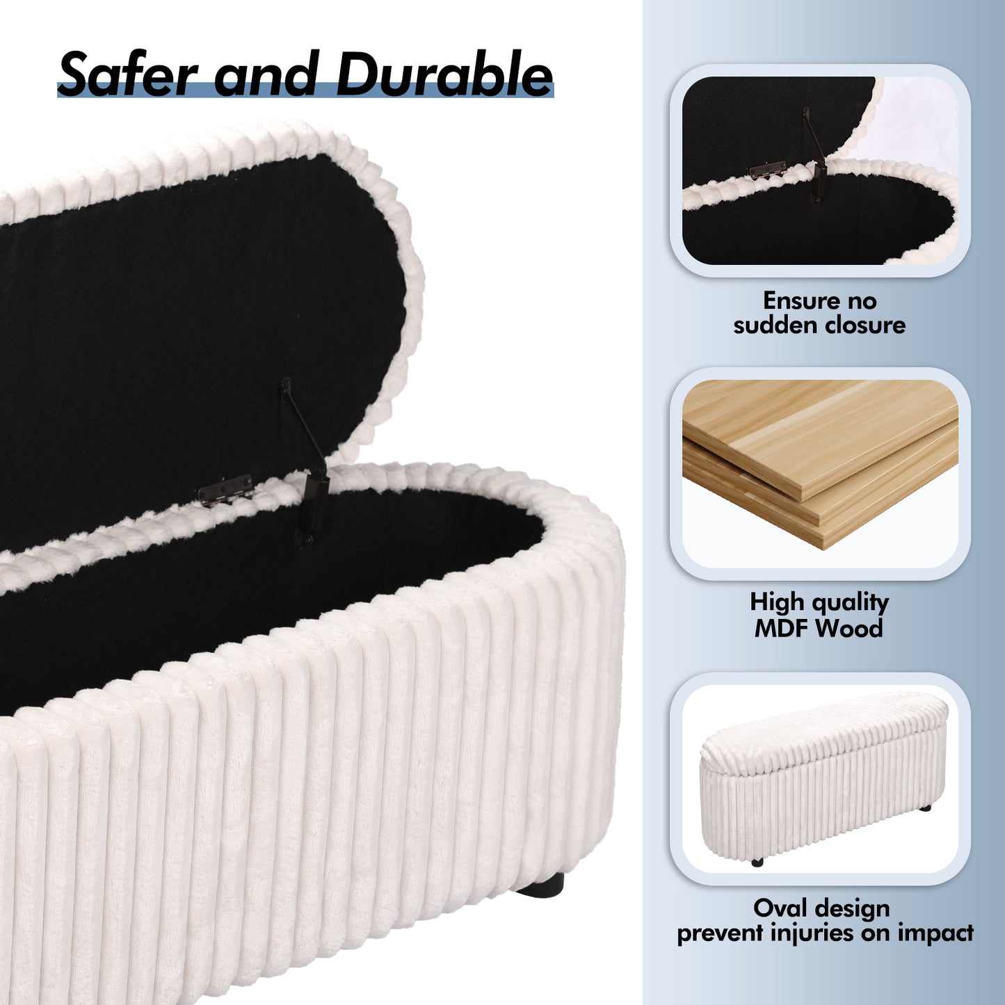 White Upholstered Storage Bench Ottoman - Ribbed Flip-Top Entryway Bench with Hidden Storage, MDF Frame & 400 lb Capacity