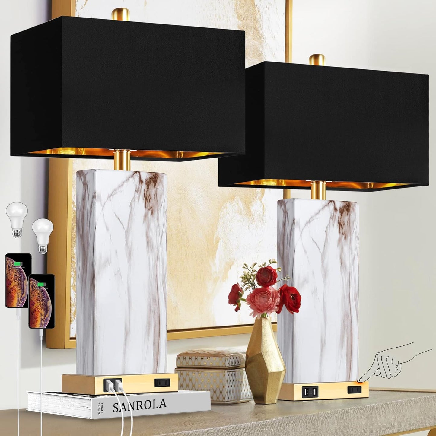Touch Control Table Lamps Set of 2 with USB Ports & AC Outlet - 3 - Way Dimmable Bedside Lamps with Faux Marble Base & Black Shade