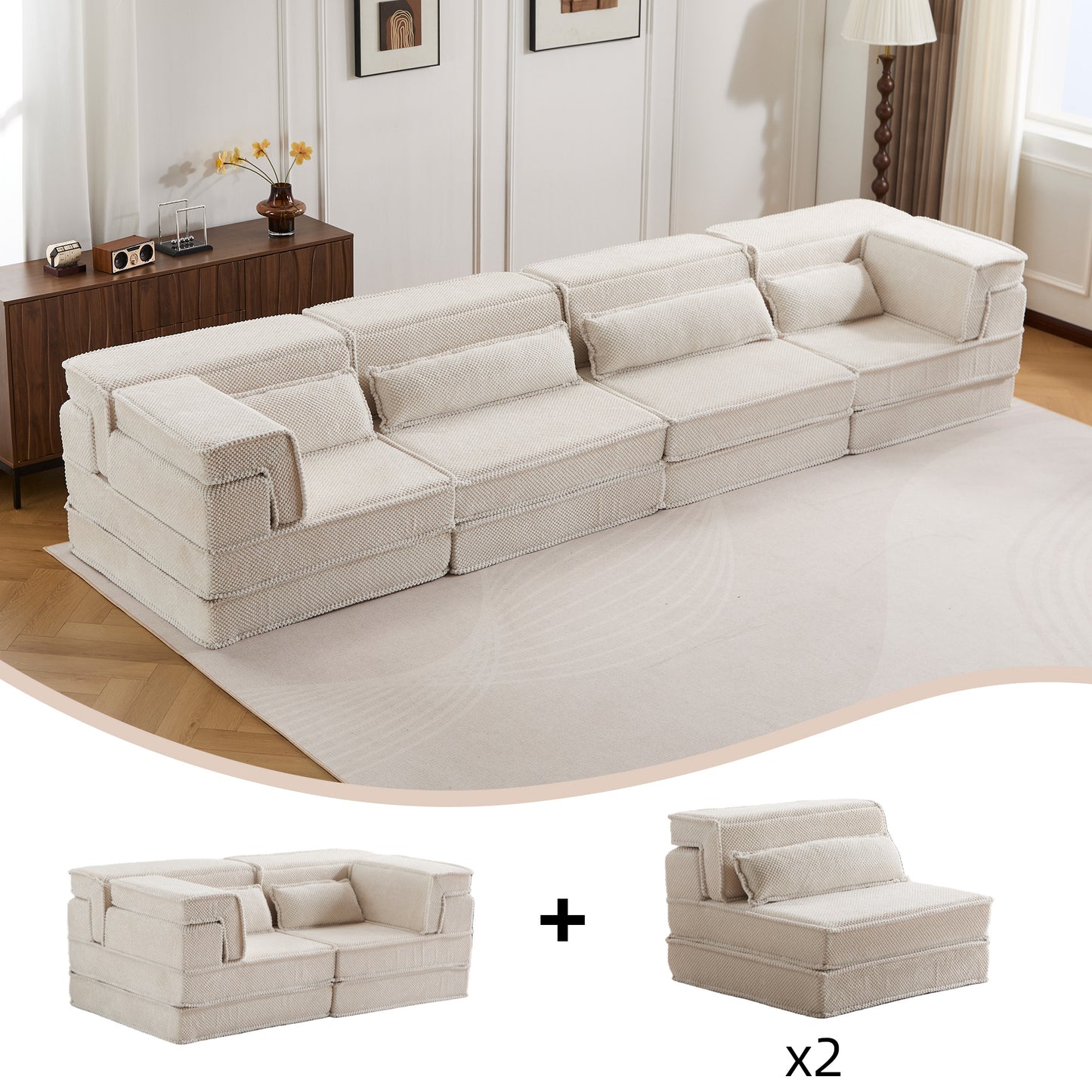 Oversized Modular Floor Sofa Bed - 4 Seat Memory Foam Sectional (118" Convertible Couch, No Assembly) - White