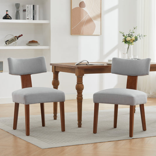 Modern Linen Dining Chairs Set of 2 - Upholstered Armless Chairs with Curved Backrest & Solid Wood Legs - Gray