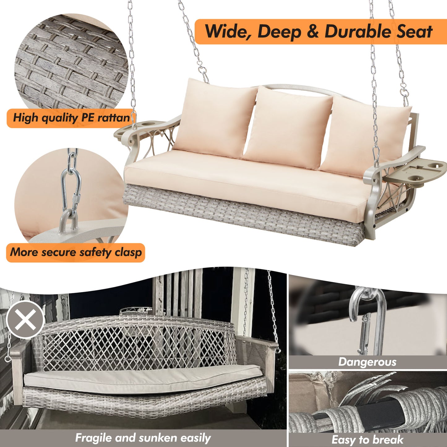Outdoor Hanging Porch Swing Bench - Woven Rattan 3-Seat Swing with Cushions, Foldable Cup Holders & 900 lb Capacity (Chain Hung)