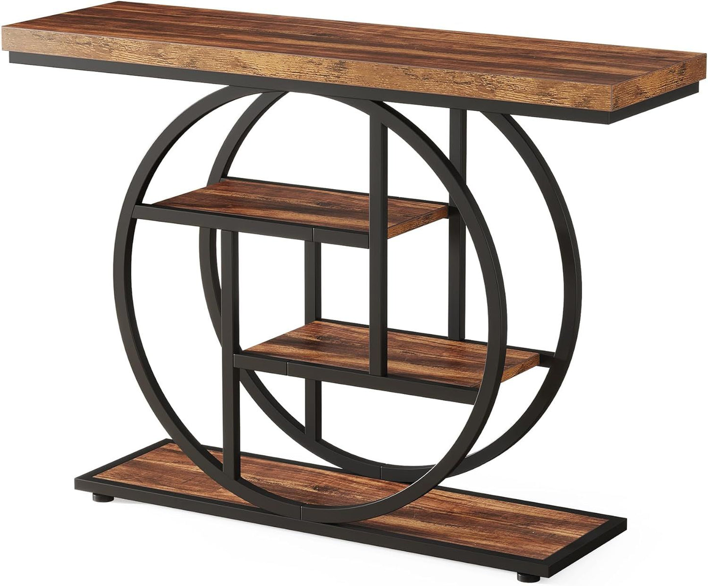 Rustic Industrial Circle Console Table - 41" Entryway Sofa Table with Multi-Tier Shelves