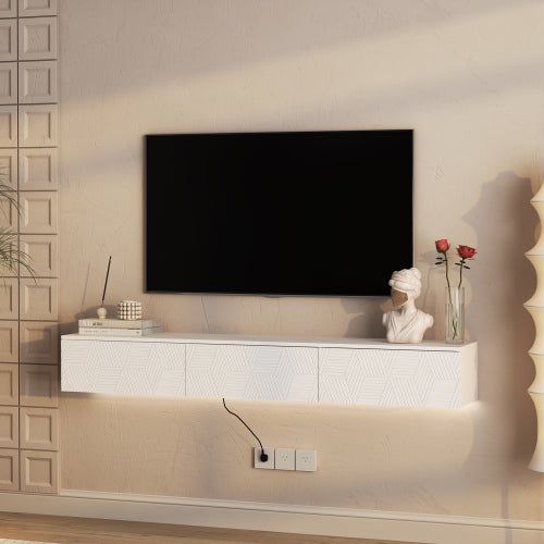 Floating LED TV Stand | 67" Wall Mounted Entertainment Center with Storage & Color Changing Lights (White)