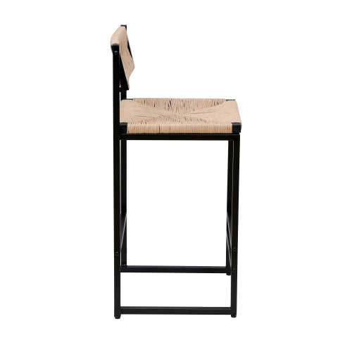 Farmhouse Woven Bar Stools Set of 2 - Natural Paper Rope Seat with Black Metal Frame, Counter Height Kitchen & Island Chairs