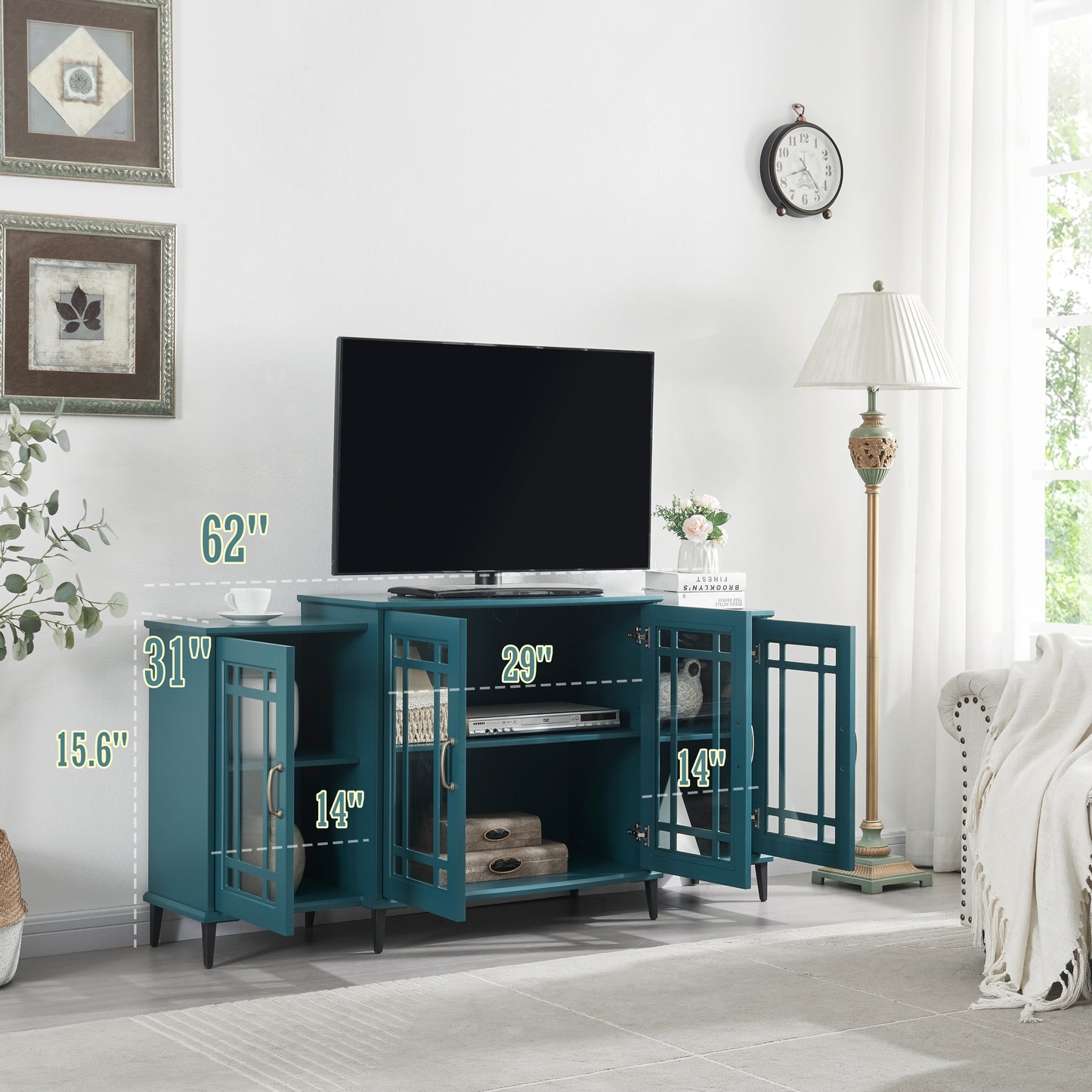 The "Artisan Teal" 62" Buffet & Media Console | Geometric Glass Doors with 8-Leg Stability System