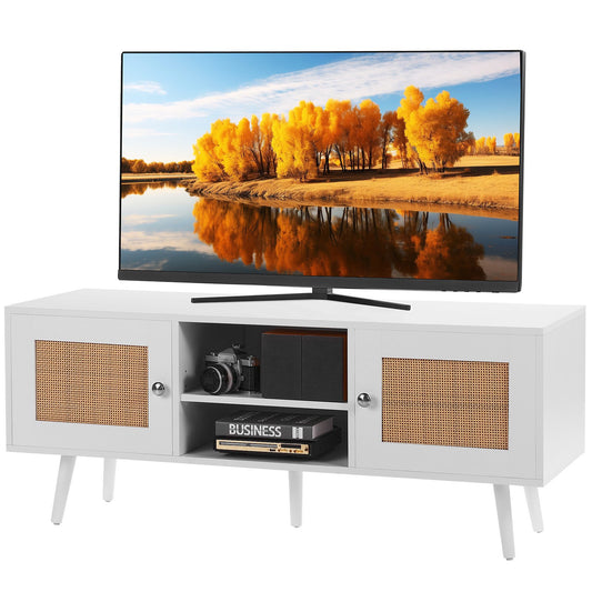 The "Boho-Retreat" 47" Rattan TV Console | Mid-Century Modern Media Center with Artisan-Woven Doors
