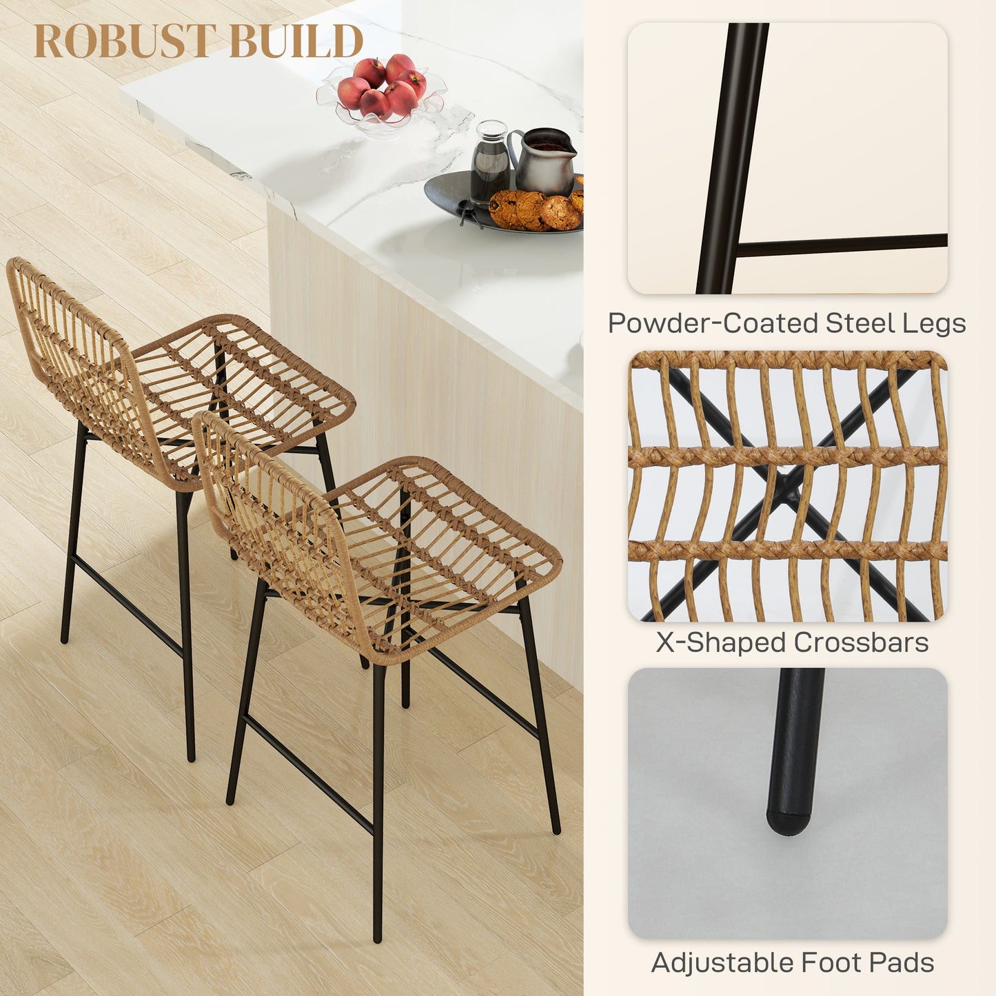 Modern Rattan Counter Stools Set of 2 - 26" Kitchen Island Bar Chairs with Backrest & Metal Frame