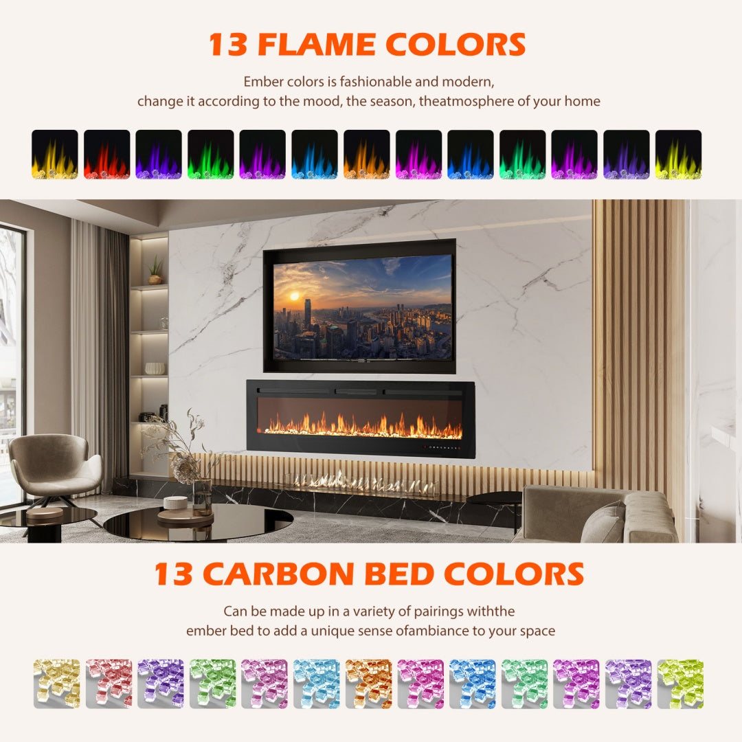 42" Electric Fireplace Insert Wall Mount or Recessed - 1500W Heater, 13 Flame Colors, Remote Control
