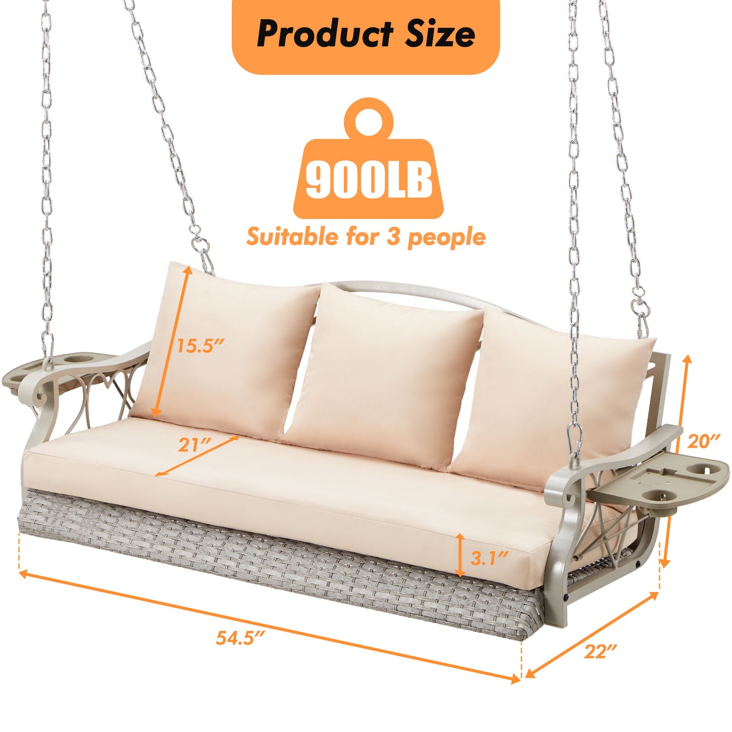 Outdoor Hanging Porch Swing Bench - Woven Rattan 3-Seat Swing with Cushions, Foldable Cup Holders & 900 lb Capacity (Chain Hung)