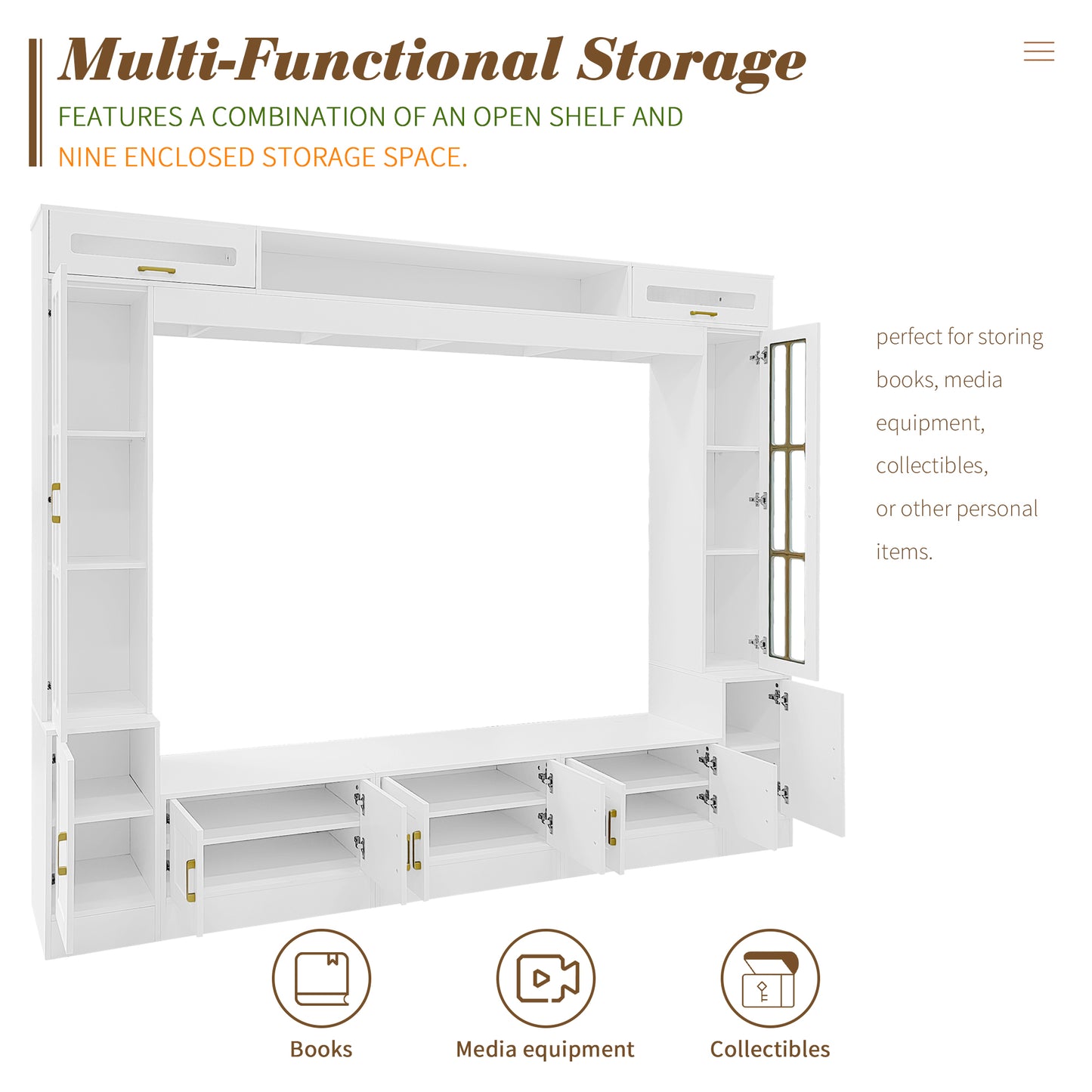 98" Modern Wall Unit Entertainment Center with Storage & Glass Cabinets - White TV Stand for Up to 80" TVs