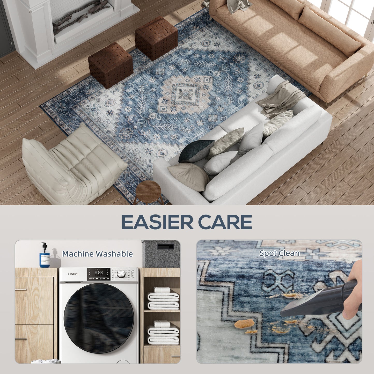 5x7 Vintage Washable Area Rug - Blue Distressed Non-Slip Carpet for Living Room, Bedroom & Dining Room | Soft Low Pile