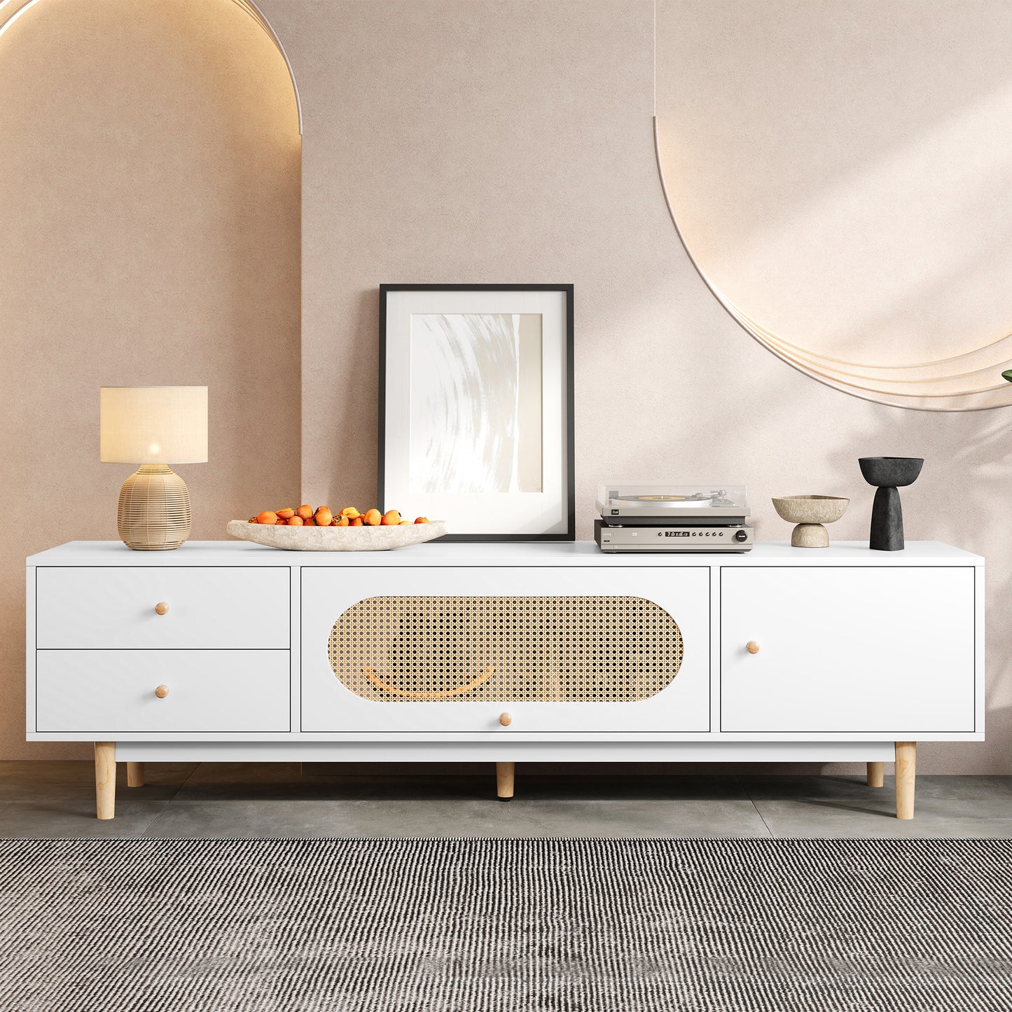 The "Grand Vista" 70" Boho-Rattan Console | Extra-Wide Media Center with Pine Wood Accents