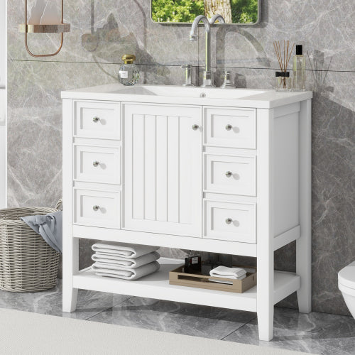 36" Bathroom Vanity With Sink - Modern Storage Cabinet with Drawers & Open Shelf (Green or White)