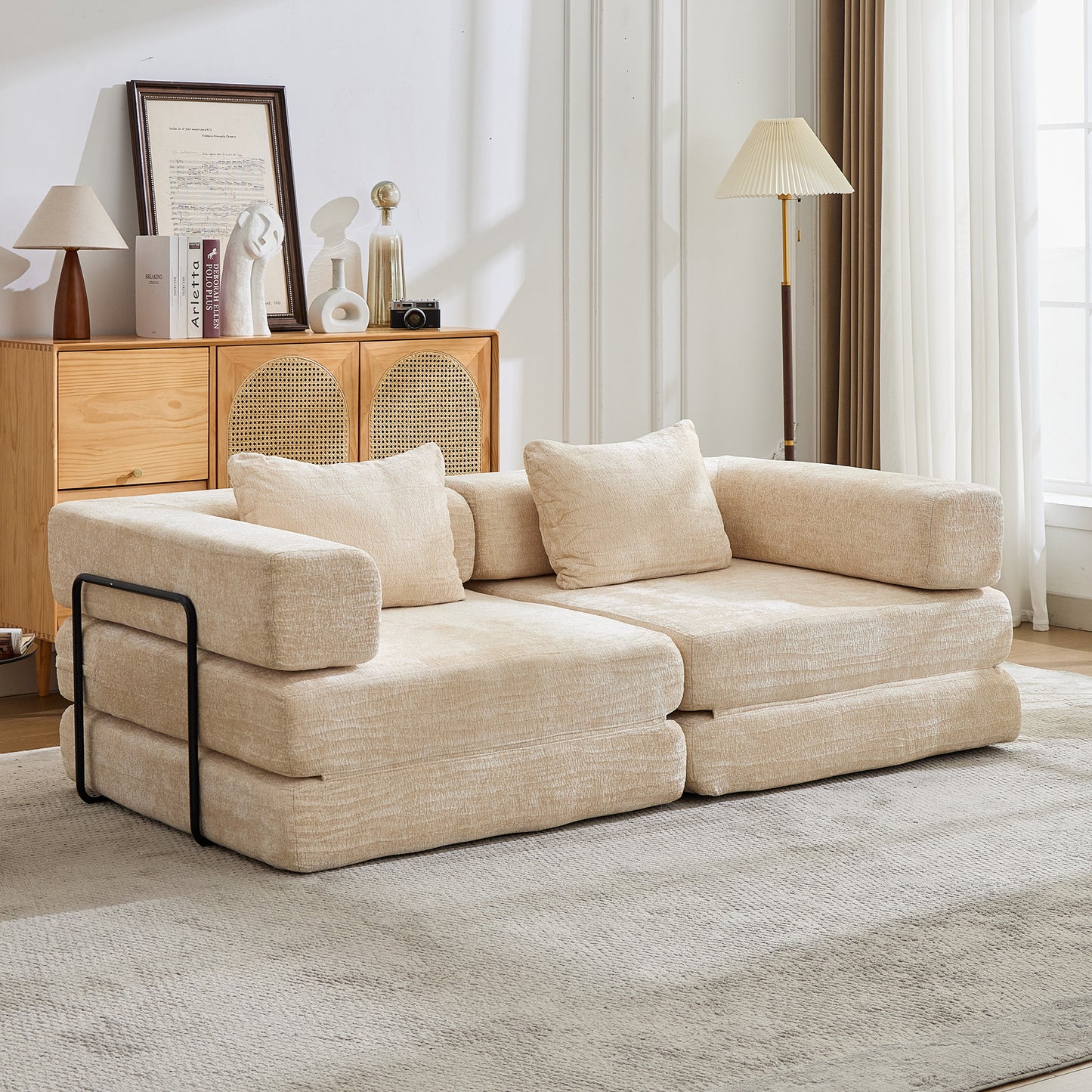 Convertible Floor Sofa Bed - Beige Modular Memory Foam Loung Couch (78" Sleeper)