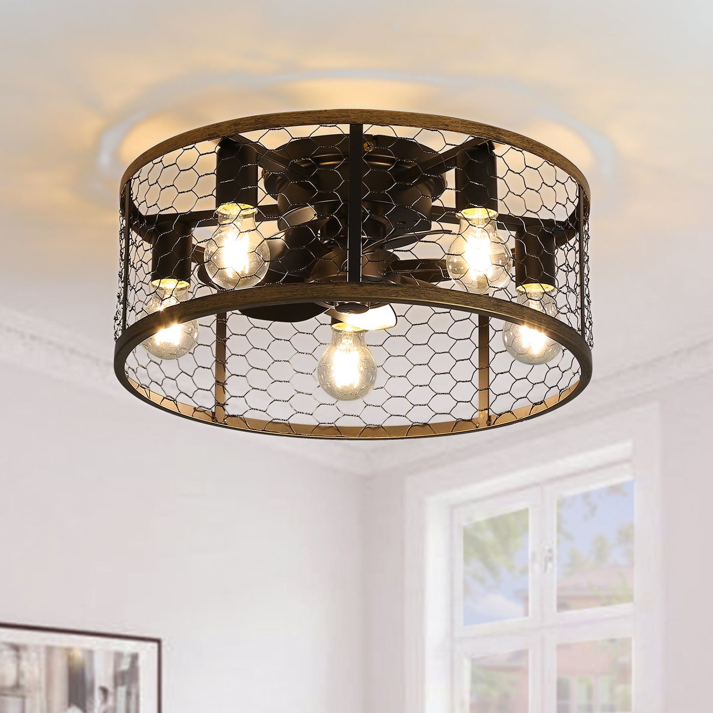 20" Industrial Caged Ceiling Fan with Light - Black Flush Mount, Remote Control, Reversible DC Motor