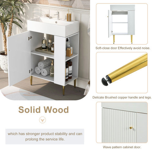 21.6" White Bathroom Vanity with SInk - Compact Storage Cabinet with Gold Accents