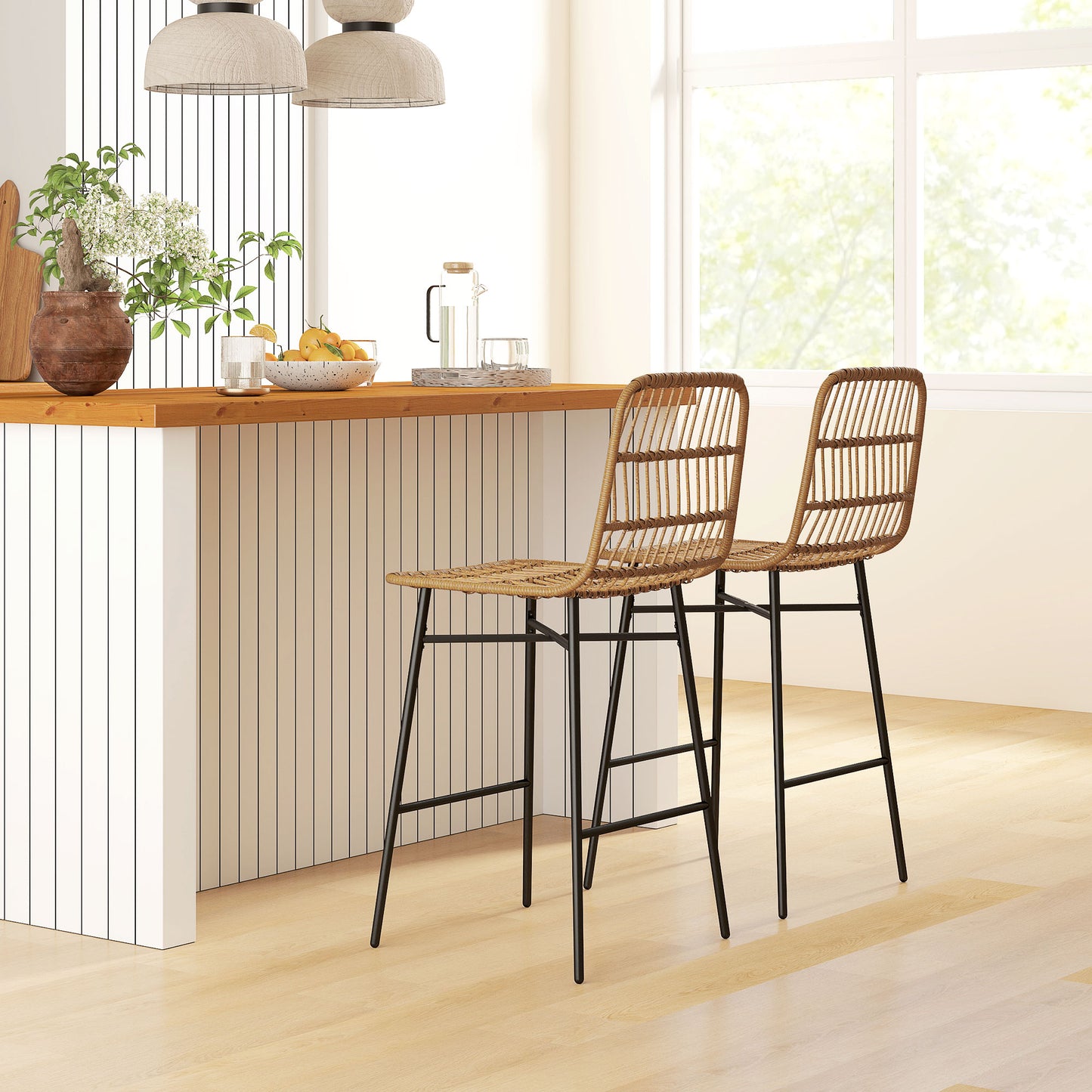 Modern Rattan Counter Stools Set of 2 - 26" Kitchen Island Bar Chairs with Backrest & Metal Frame