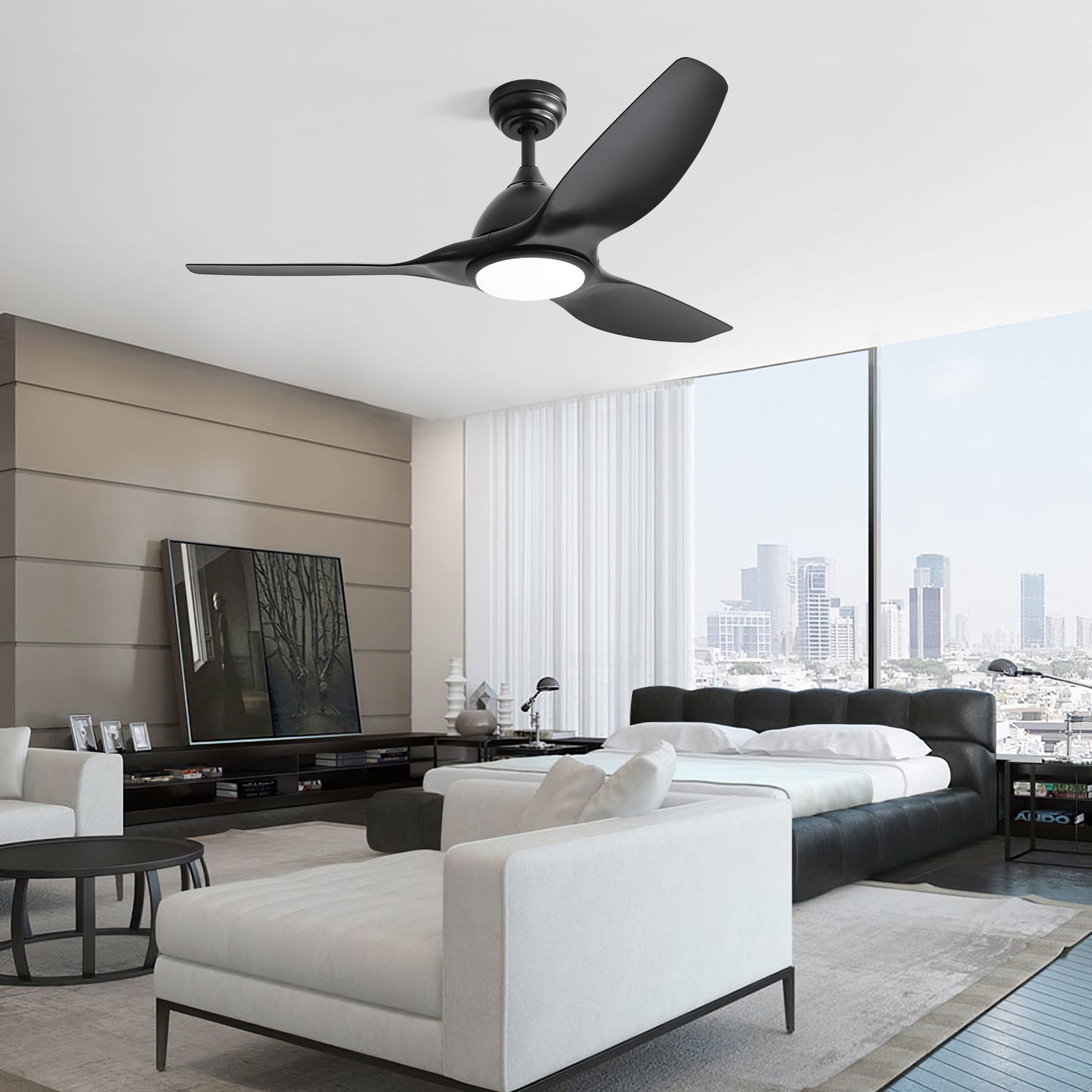52" Modern Ceiling Fan with Light - 3-Blade ABS Airplane Style Fan with Remote, 3-Speed & Dimmable LED (Black)
