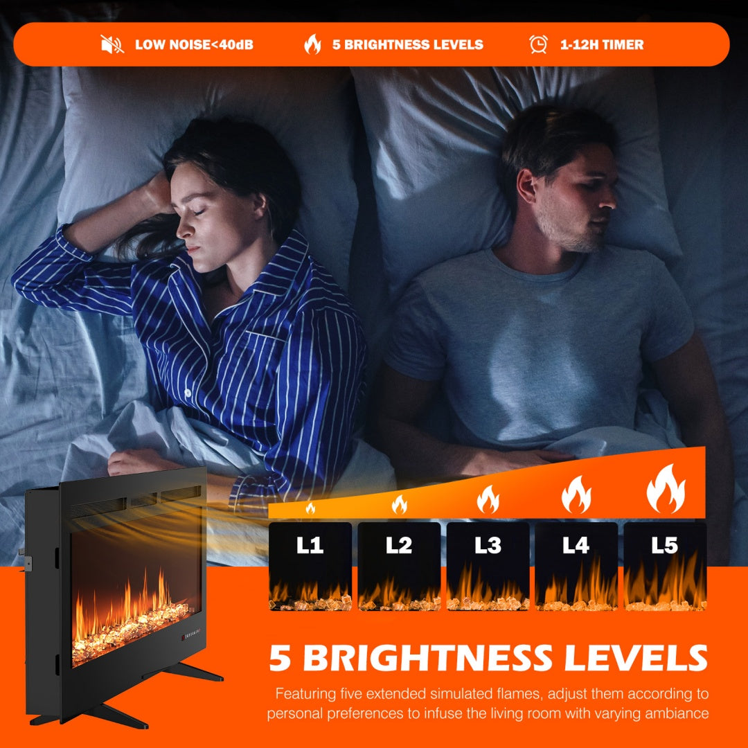 42" Electric Fireplace Insert Wall Mount or Recessed - 1500W Heater, 13 Flame Colors, Remote Control