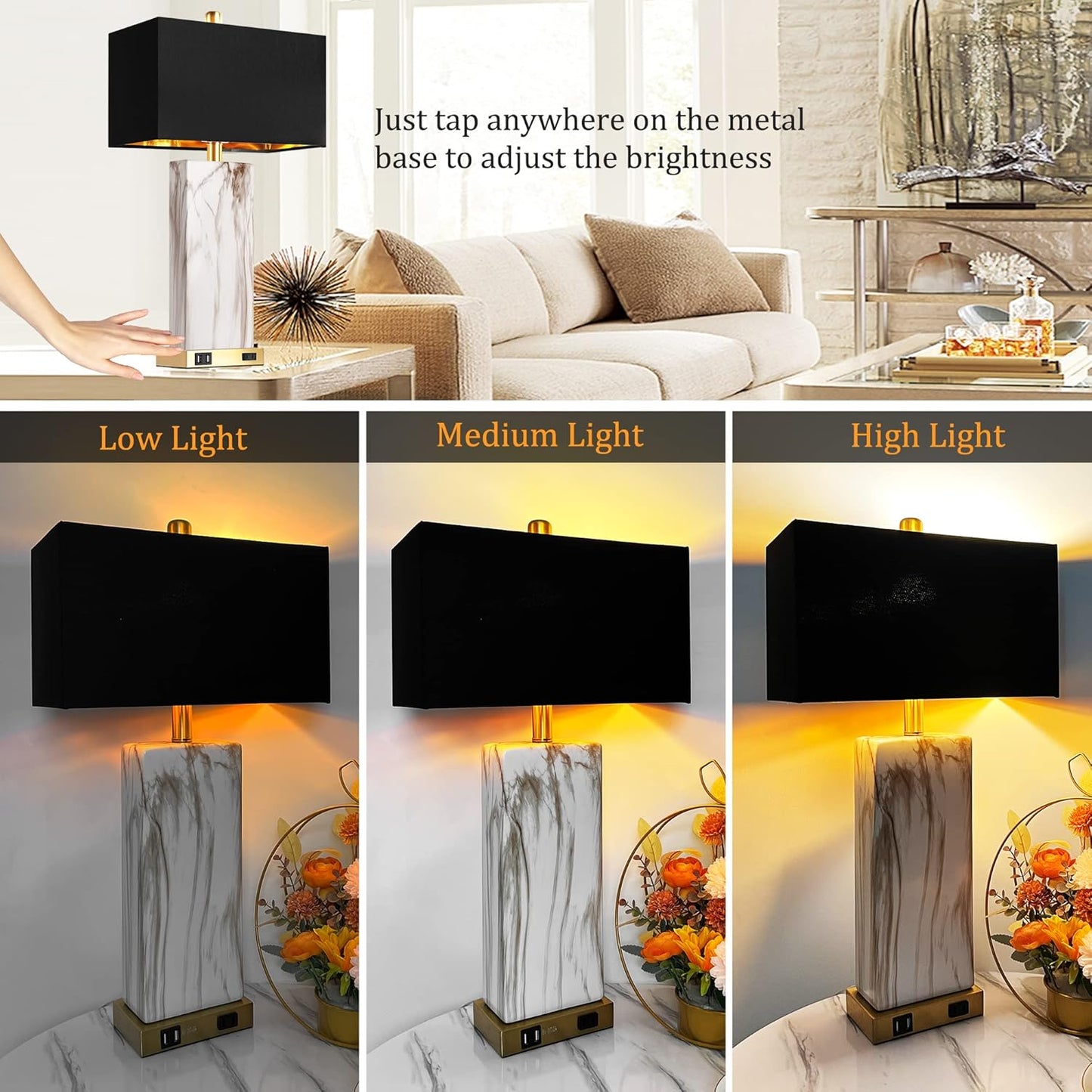 Touch Control Table Lamps Set of 2 with USB Ports & AC Outlet - 3 - Way Dimmable Bedside Lamps with Faux Marble Base & Black Shade