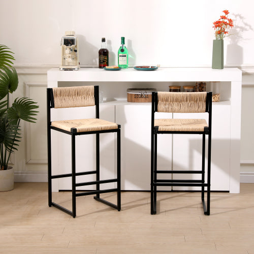 Farmhouse Woven Bar Stools Set of 2 - Natural Paper Rope Seat with Black Metal Frame, Counter Height Kitchen & Island Chairs