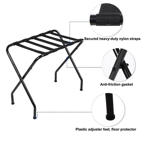 Folding Luggage Rack - Black Metal Suitcase Stand with Heavy-Duty Straps for Guest Room & Airbnb