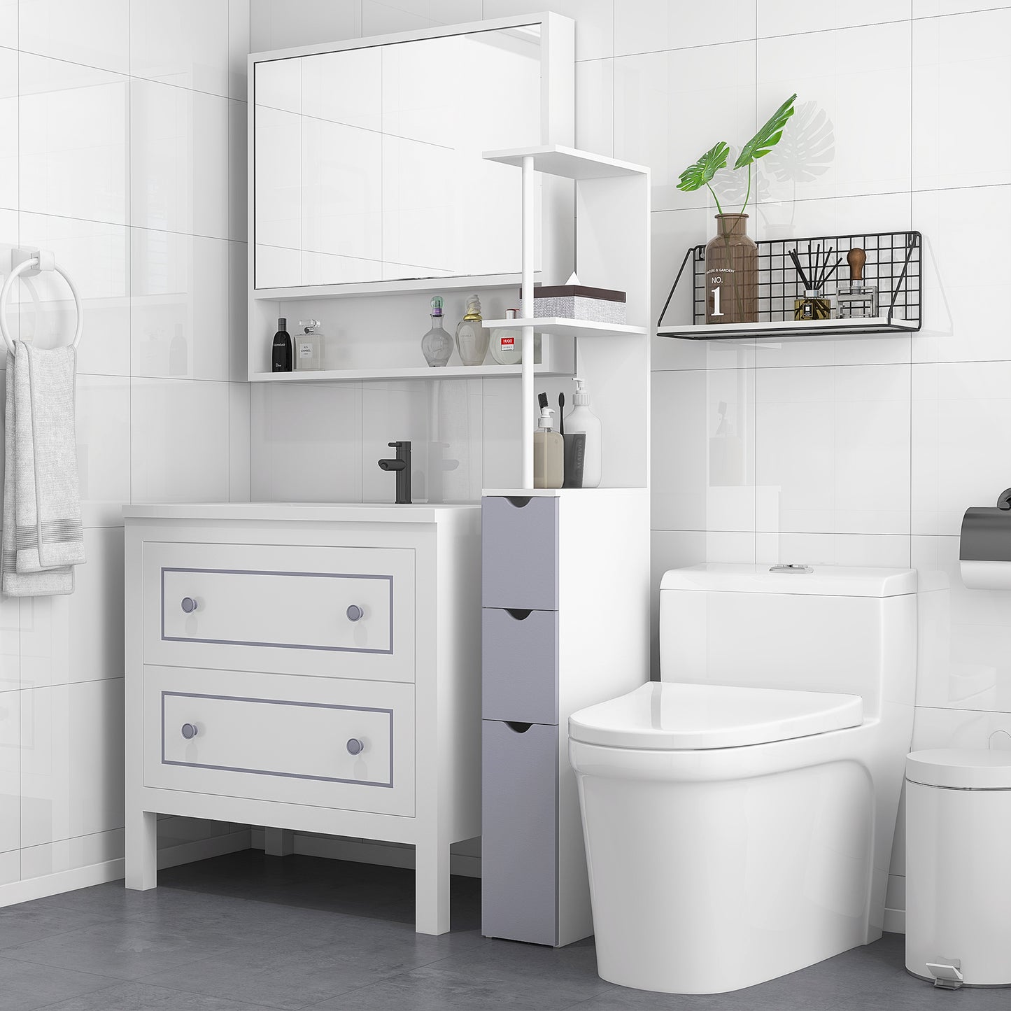 Slim Bathroom Storage Cabinet with Drawers - 55" Tall Narrow Linen Tower with Shelves, Freestanding White Organizer