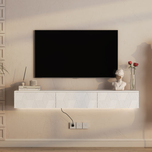 Floating LED TV Stand | 67" Wall Mounted Entertainment Center with Storage & Color Changing Lights (White)