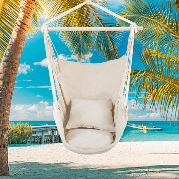 Boho Cotton Canvas Hanging Chair with 2 Pillows - Beige Hammock Swing Chair for Indoor & Outdoor Decor