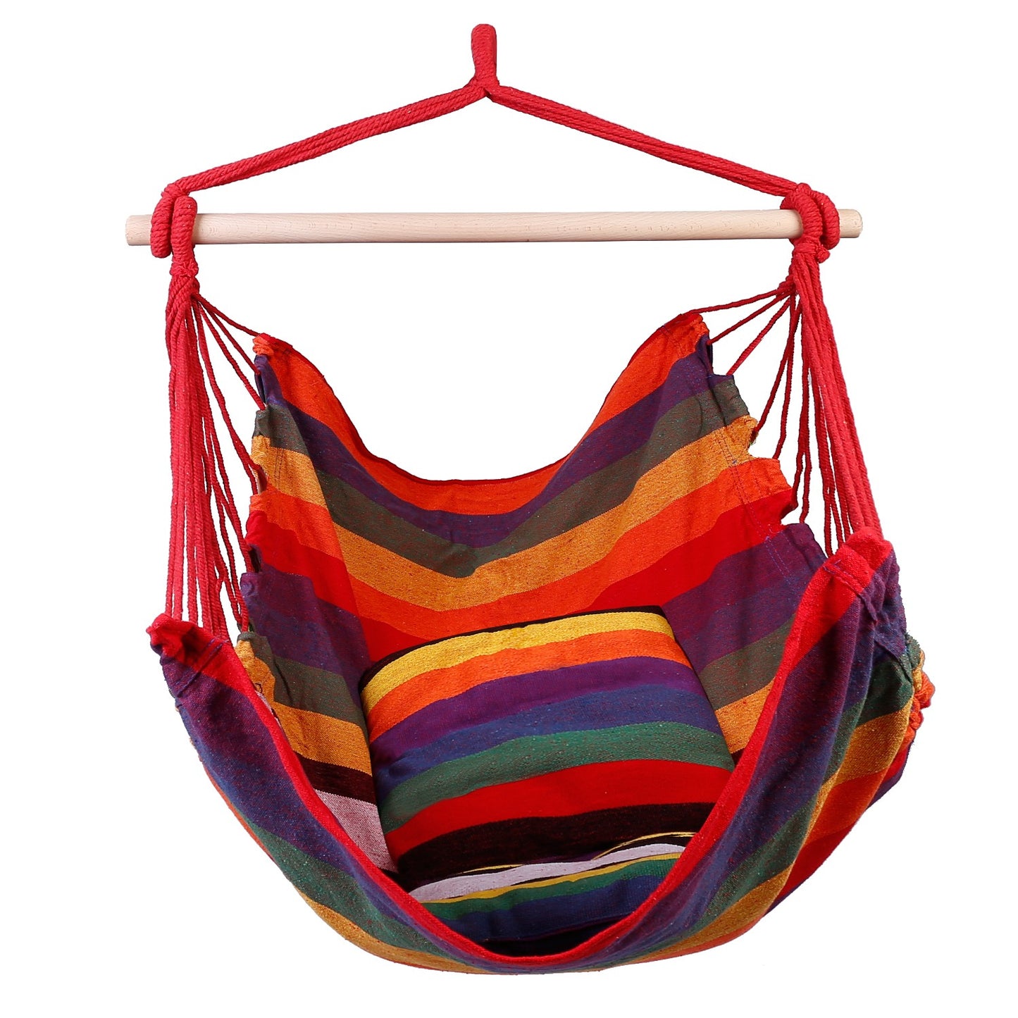 Striped Hanging Hammock Chair with Pillows - Canvas Swing Seat with Wooden Bar, Portable Indoor/Outdoor Rope Chair (Blue/Red)