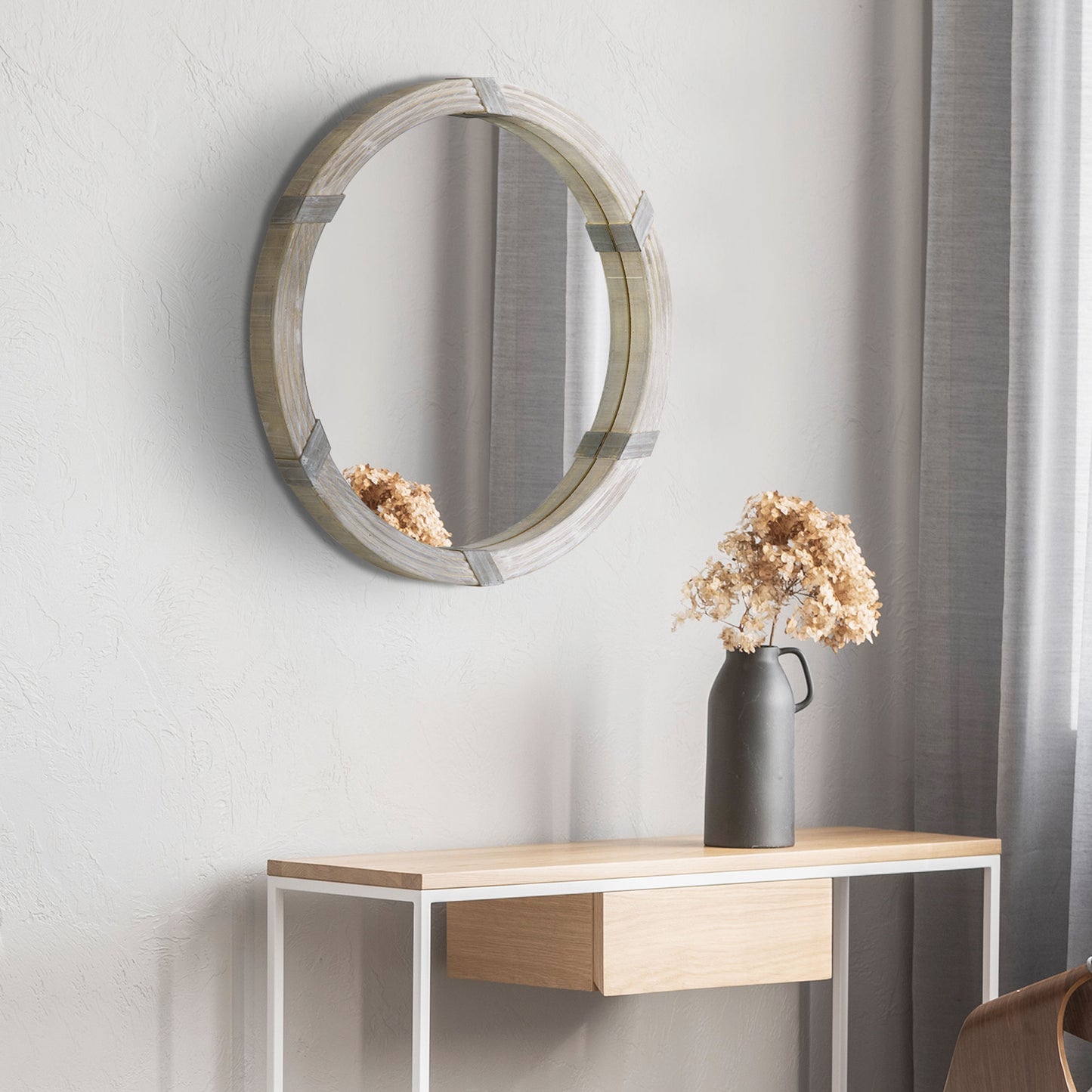Oversized Round Wood Wall Mirror (30.75") - Farmhouse Natural Wood Accent for Living Room, Bedroom & Entryway