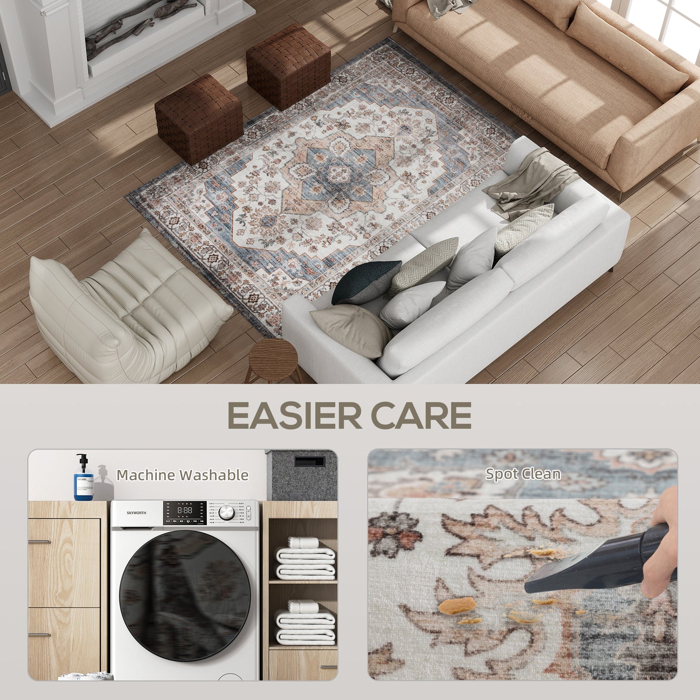 4x6 Vintage Washable Area Rug - Non-Slip Soft Carpet for Living Room, Bedroom & Dining Room (Blue & Beige)