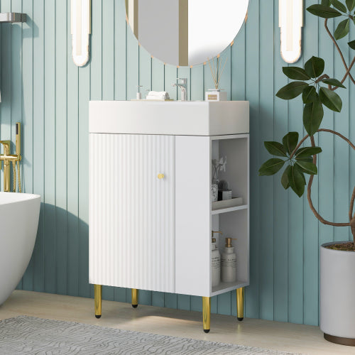 21.6" White Bathroom Vanity with SInk - Compact Storage Cabinet with Gold Accents
