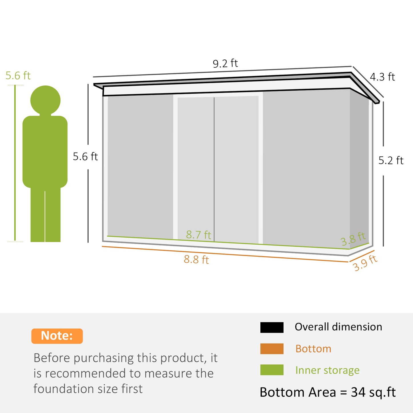 9 x 4.5 ft Lean-to Metal Storage Shed - Green Outdoor Garden Shed with Sliding Doors, Ventilation & Foundation Frame.