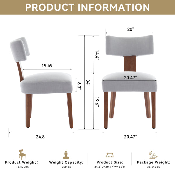 Modern Linen Dining Chairs Set of 2 - Upholstered Armless Chairs with Curved Backrest & Solid Wood Legs - Gray