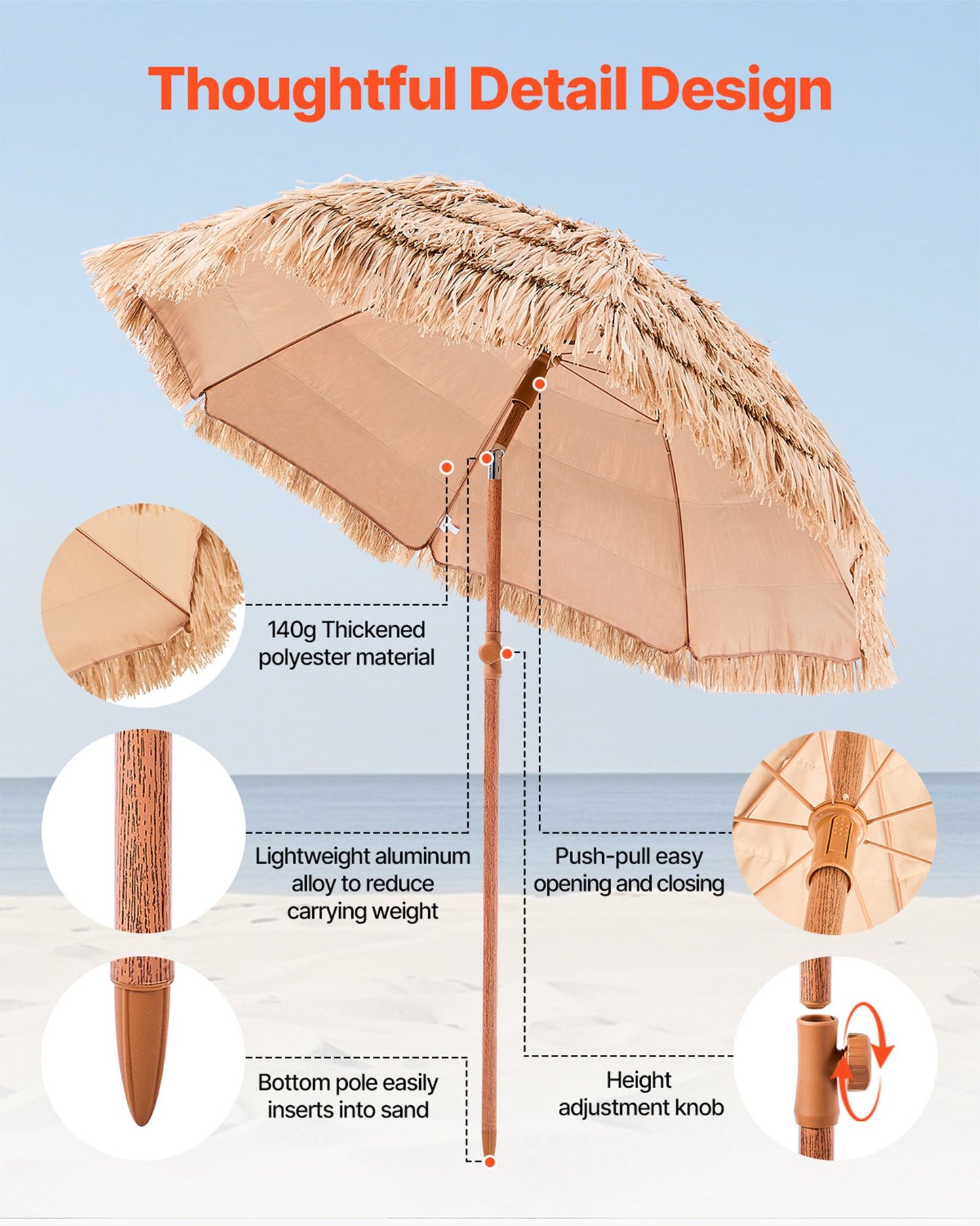 Tiki Beach Umbrella with Tilt - 6.5 ft Thatched Patio Umbrella for Pool, Deck & Tropical Outdoor Spaces