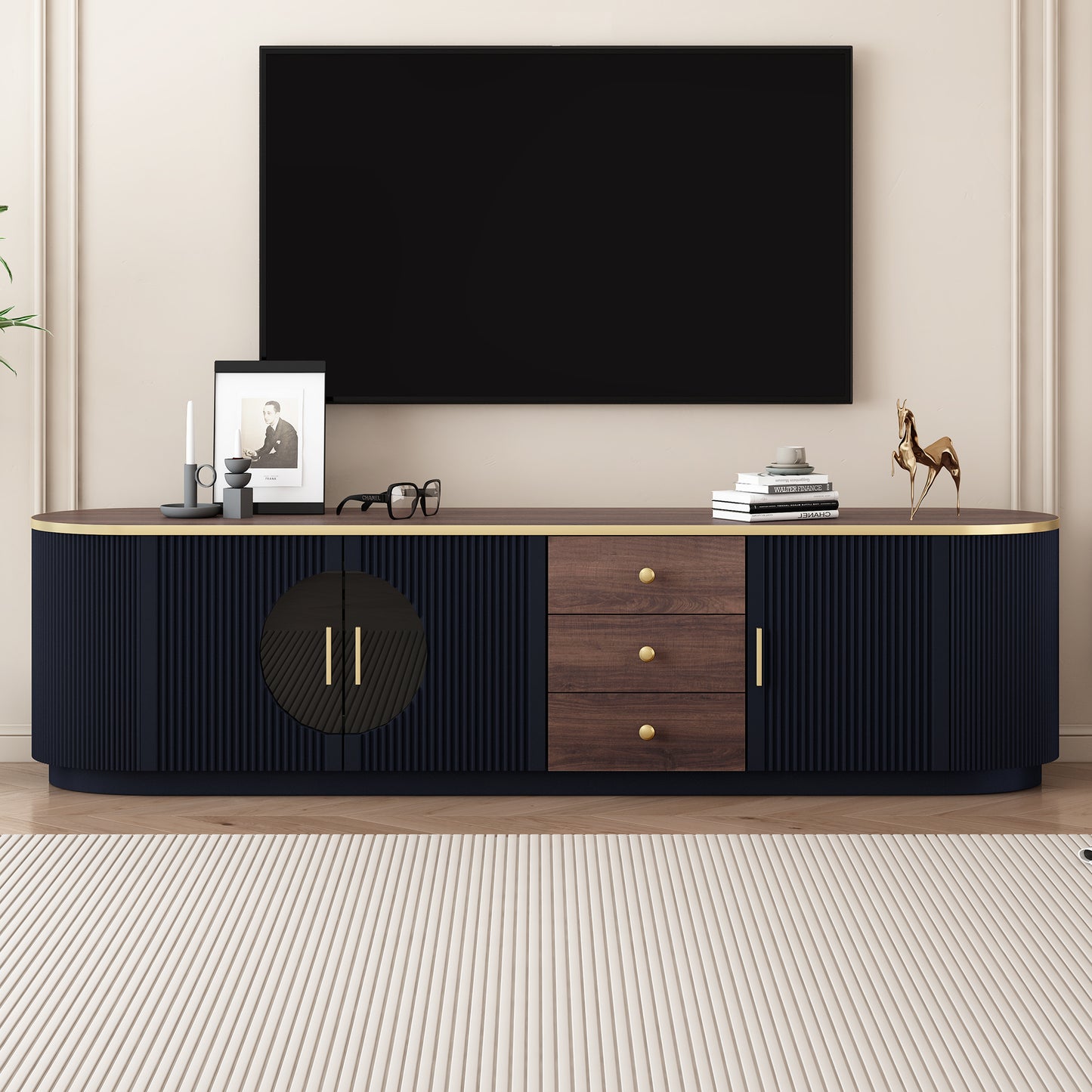The "Vibe Haus" 70" Ultra-Wide Entertainment Center | Modern Fluted Console with Gold Accents