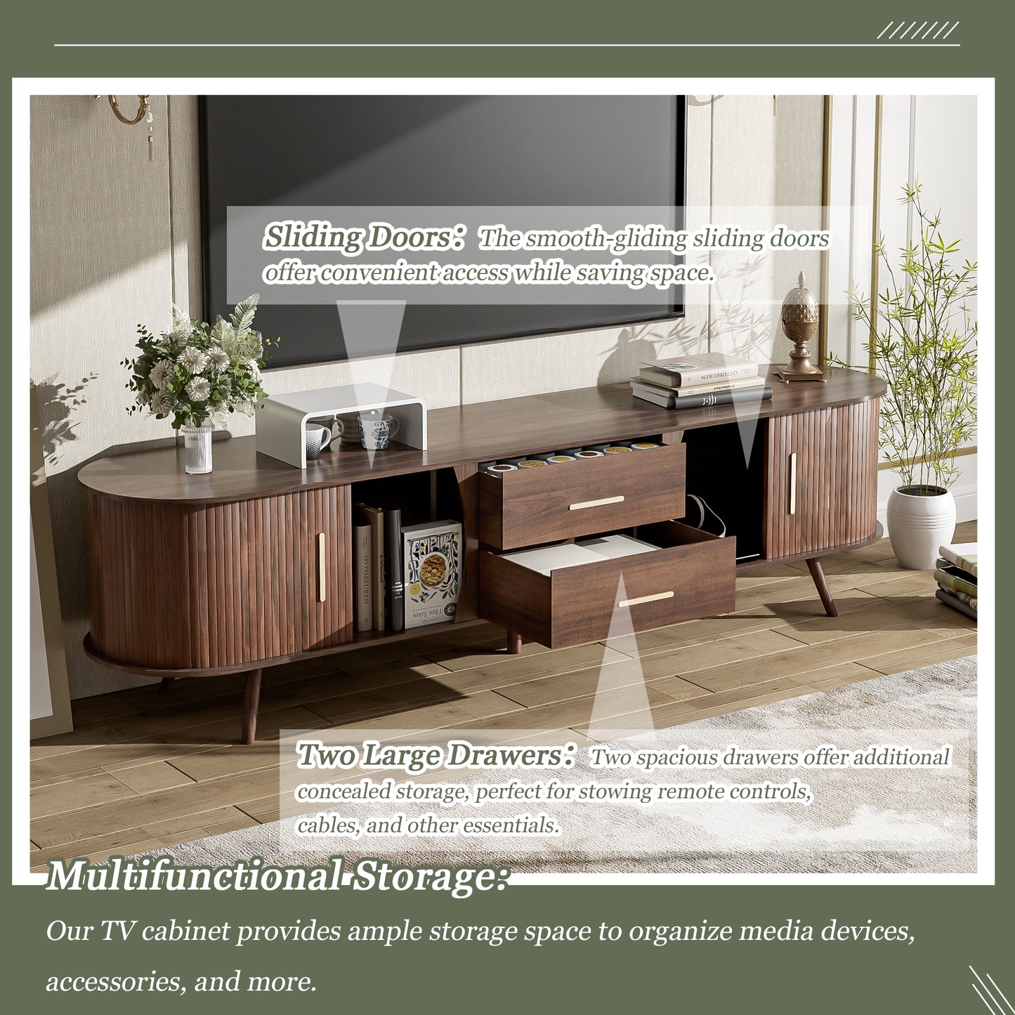 The "Horizon Oval" 71" Mid-Century Console | Solid Wood Leg Media Center with Space-Saving Sliding Doors