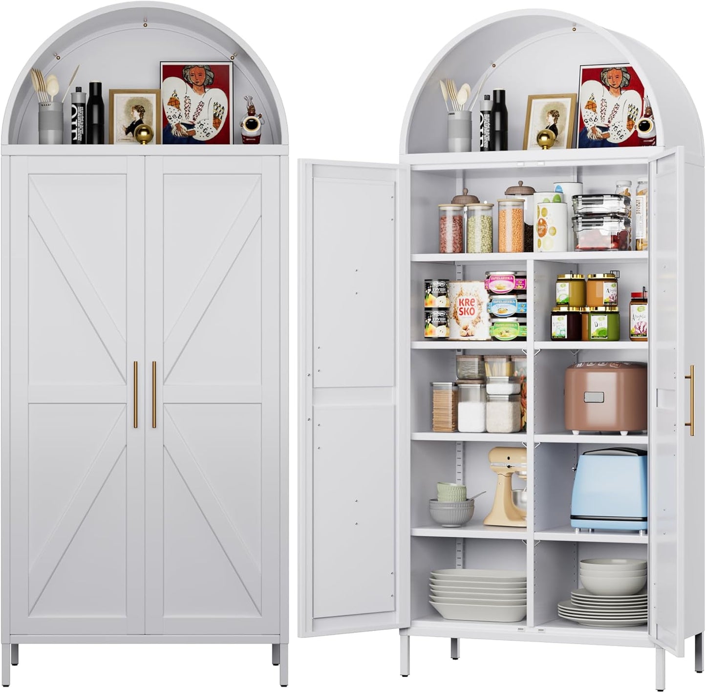 Modern Arched Storage Cabinet with Doors - Tall White Pantry Organizer with Adjustable Shelves | Kitchen, Dining, Bathroom or Living Room