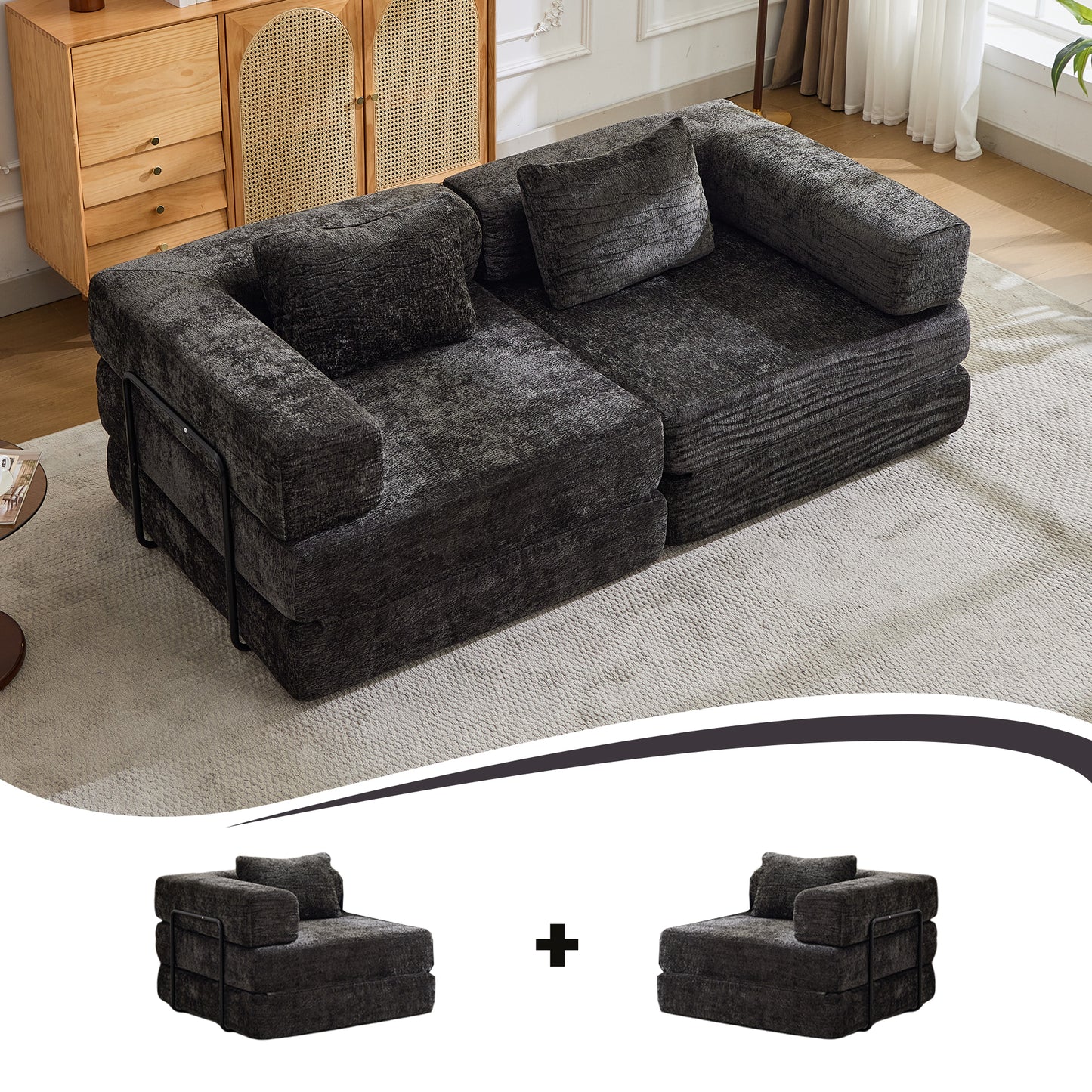 Convertible Floor Sofa Bed - Modular Memory Foam Lounge Couch (78" Sleeper, No Assembly)