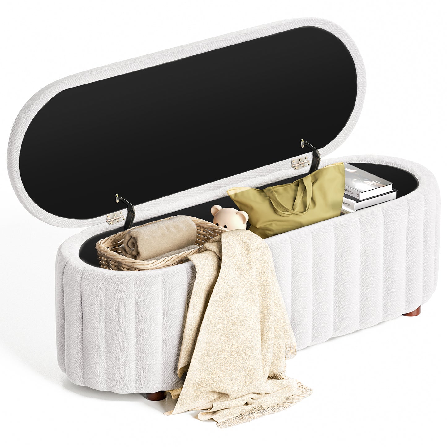 White Upholstered Storage Bench Ottoman - Ribbed Flip-Top Entryway Bench with Hidden Storage, MDF Frame & 400 lb Capacity