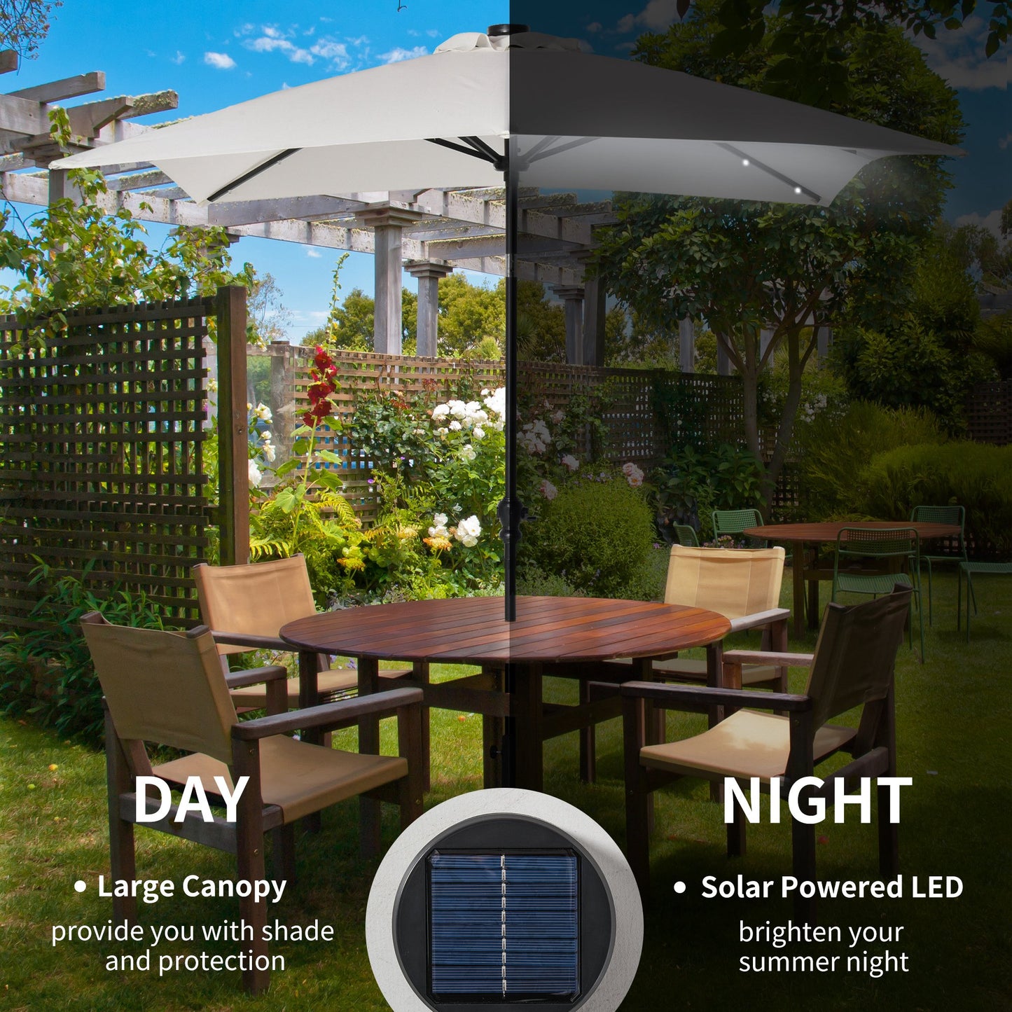 9x7ft Solar LED Patio Umbrella - Rectangular Outdoor Market Umbrella with Tilt & Crank (White)