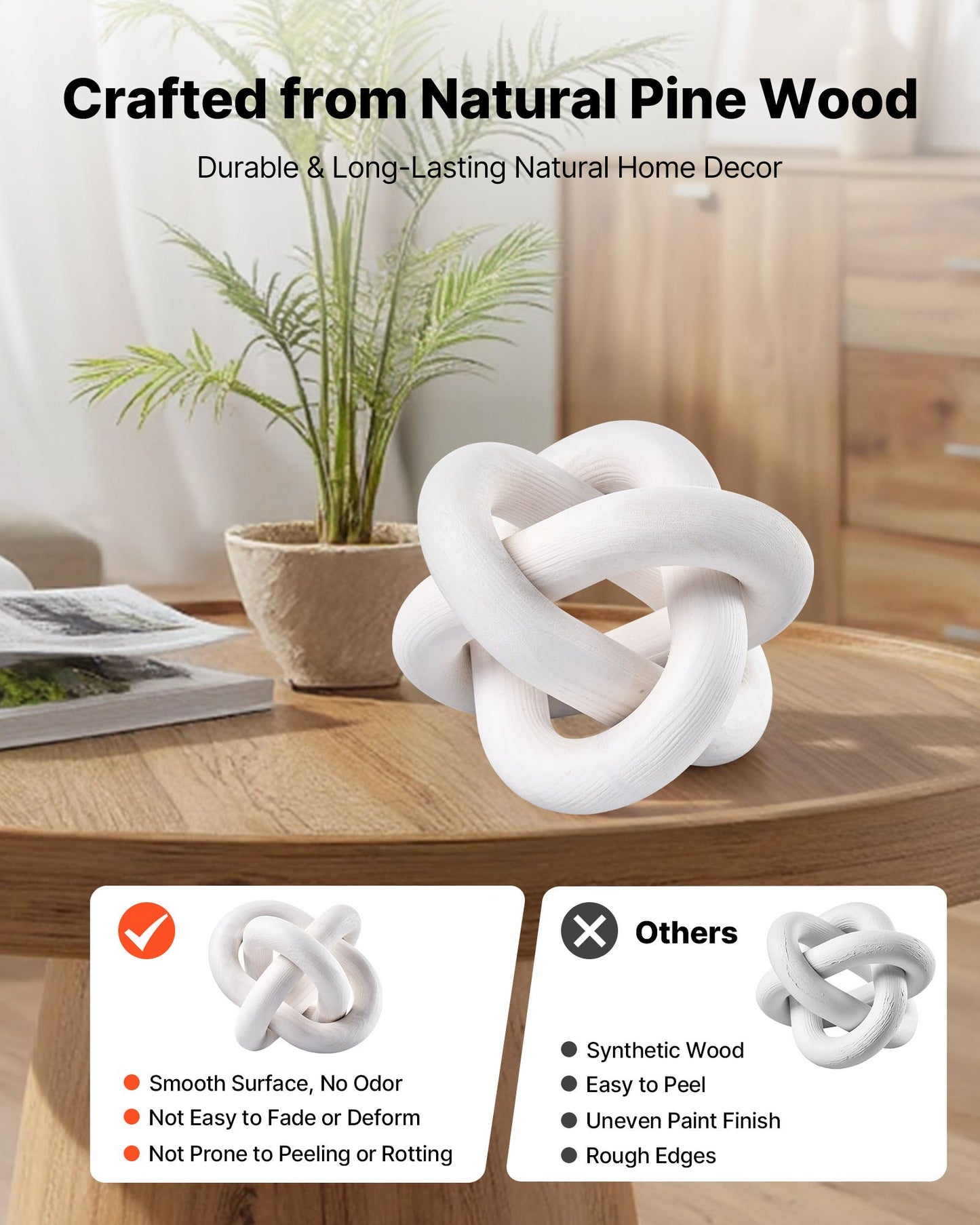 Modern Wooden Chain Link Decor - Hand-Carved 3-Link Sculptural Accent for Coffee Table, Shelf & Home Styling