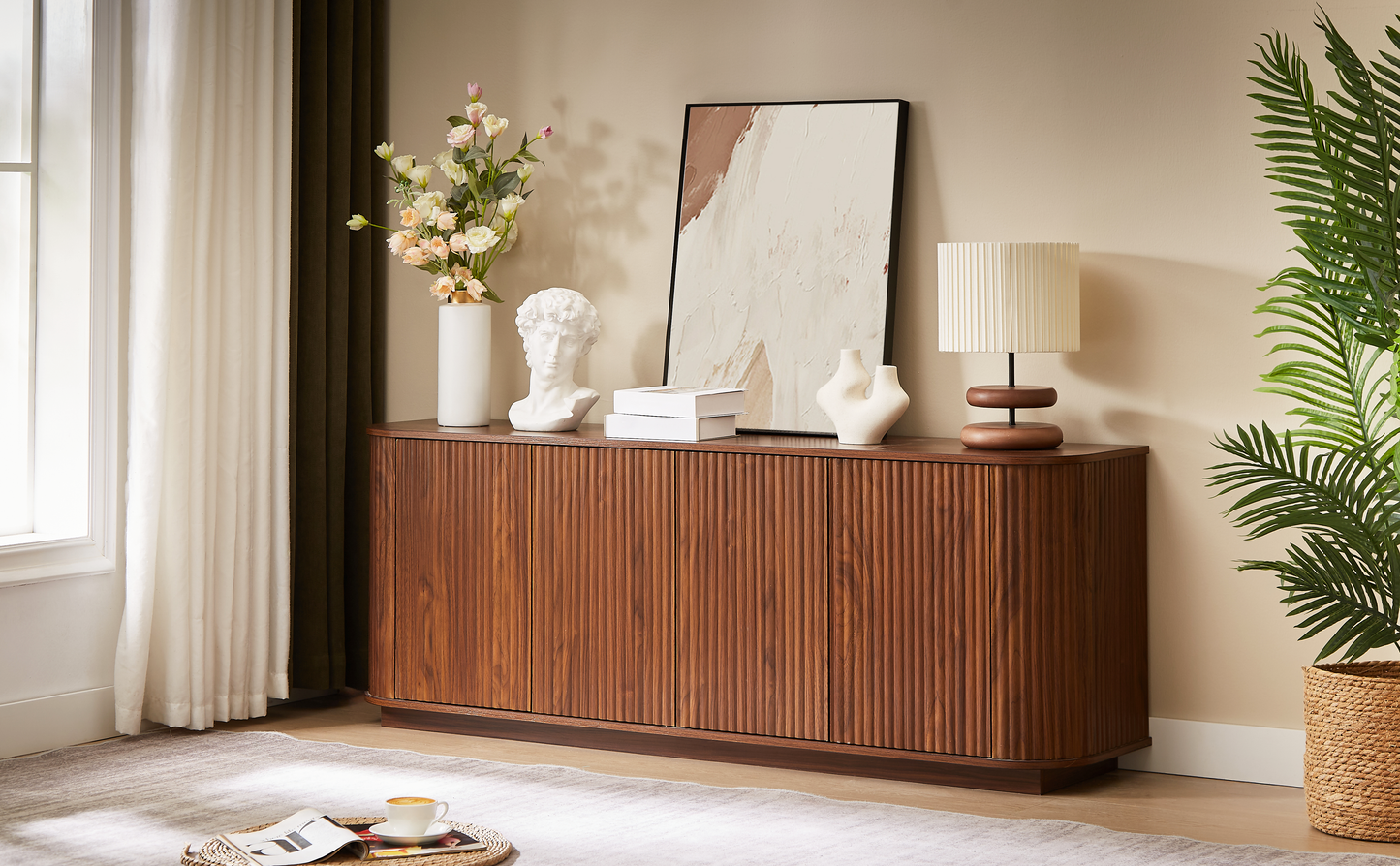 64" Fluted Sideboard Cabinet - Modern Walnut Storage Console for Living Room, Entryway or TV Stand