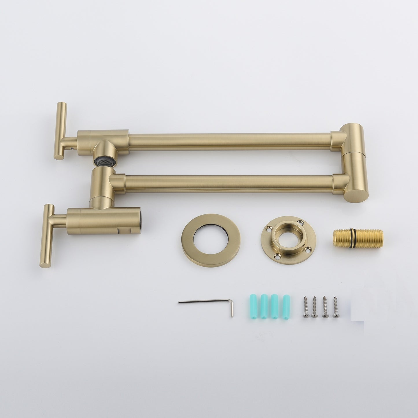 Wall-Mount Pot Filler Faucet - 23.6" Reach Foldable Dual-Handle Brass Kitchen Faucet (Brushed Gold)