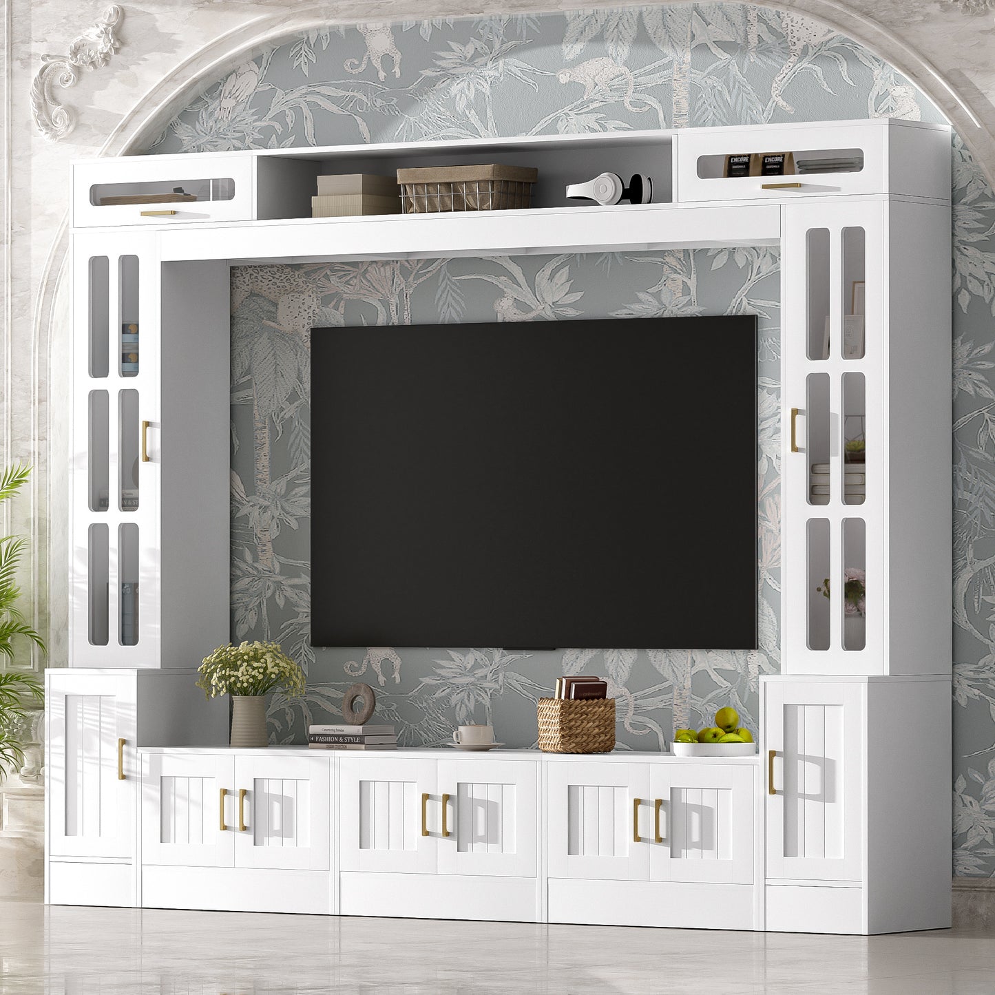 98" Modern Wall Unit Entertainment Center with Storage & Glass Cabinets - White TV Stand for Up to 80" TVs
