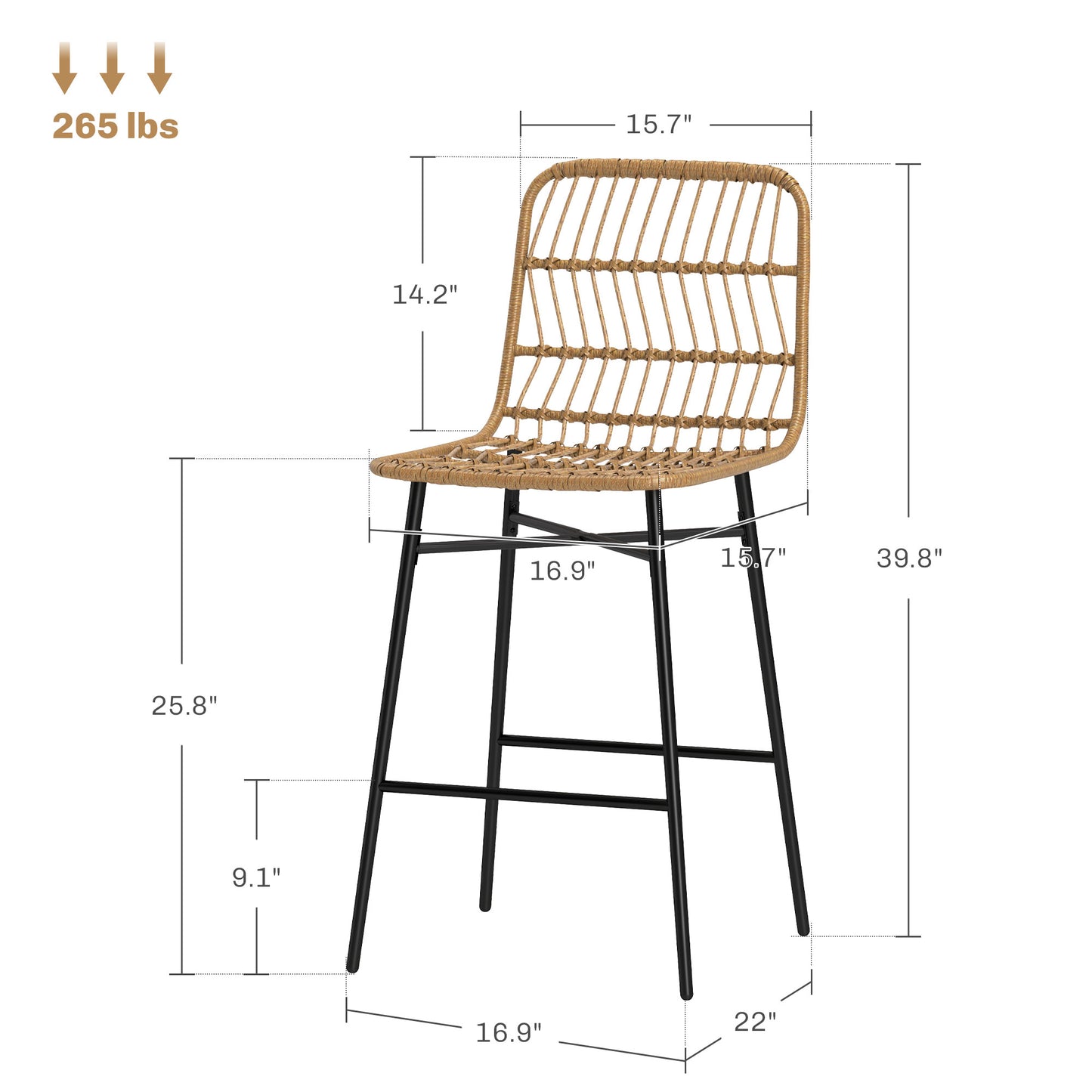 Modern Rattan Counter Stools Set of 2 - 26" Kitchen Island Bar Chairs with Backrest & Metal Frame
