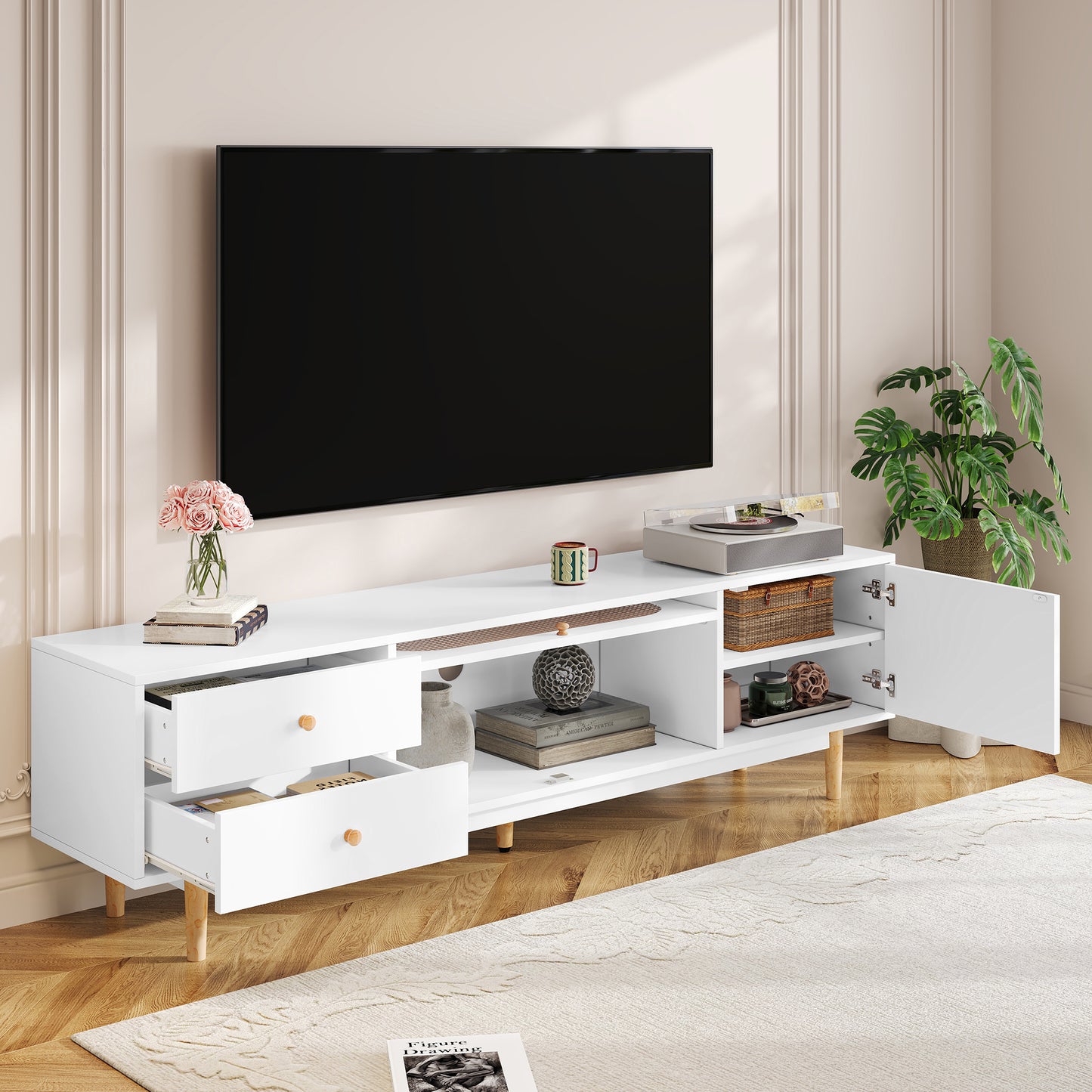 The "Grand Vista" 70" Boho-Rattan Console | Extra-Wide Media Center with Pine Wood Accents