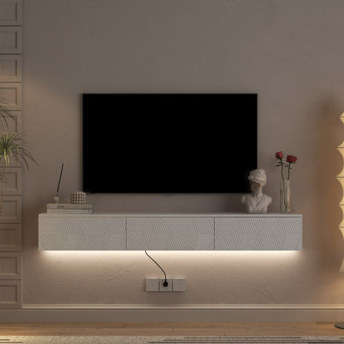 Floating LED TV Stand | 67" Wall Mounted Entertainment Center with Storage & Color Changing Lights (White)