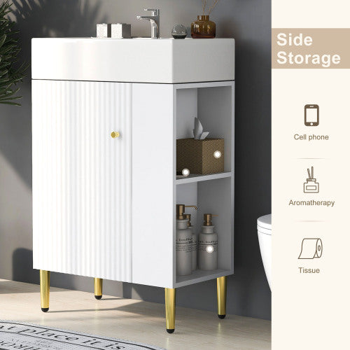 21.6" White Bathroom Vanity with SInk - Compact Storage Cabinet with Gold Accents